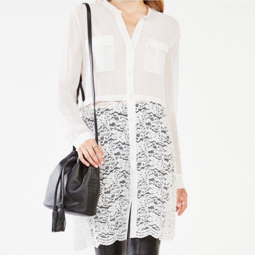 BCBGMaxazria Taelur Off White Shift Lace Sheer Tunic Blouse Mini Dress NEW